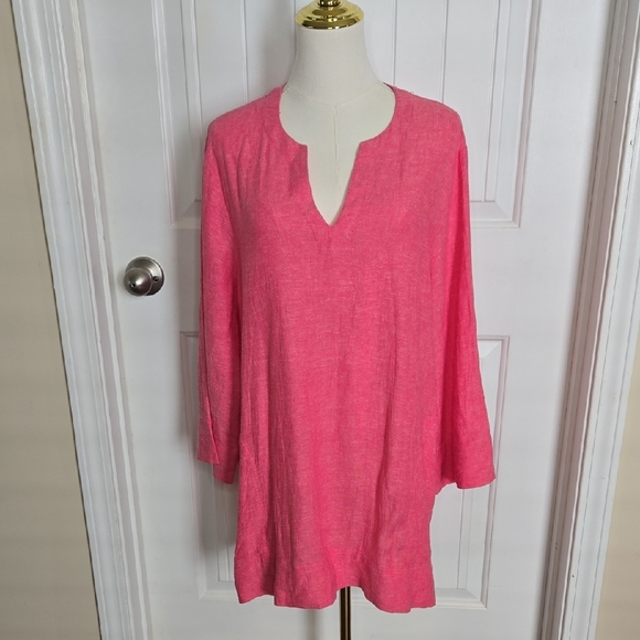 Lands' End Pink Linen Tunic Long Sleeve Preppy Beachy Swim Cover Up Coastal - Picture 2 of 7
